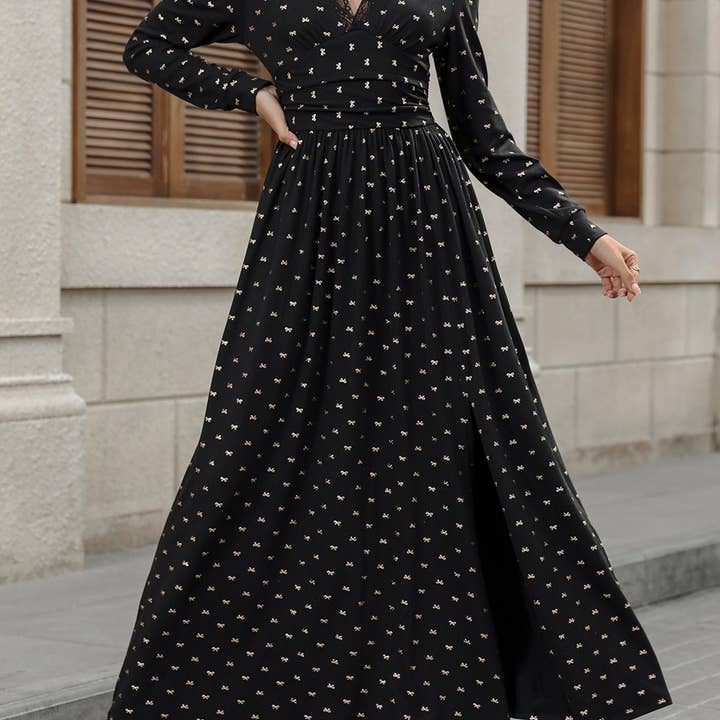 Black Elegant Vintage V Neck Lace Print Maxi Dress with Bow for wholesale on Faire1