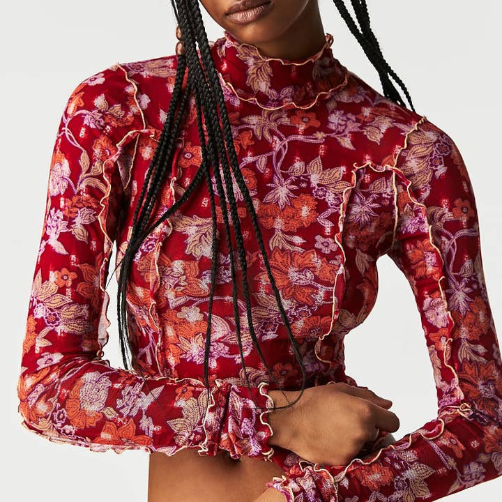 Rosa Clothing - Wholesale Knit Top - Women's - Slim-Fit Sheer Botanical Floral Print Turtleneck Top