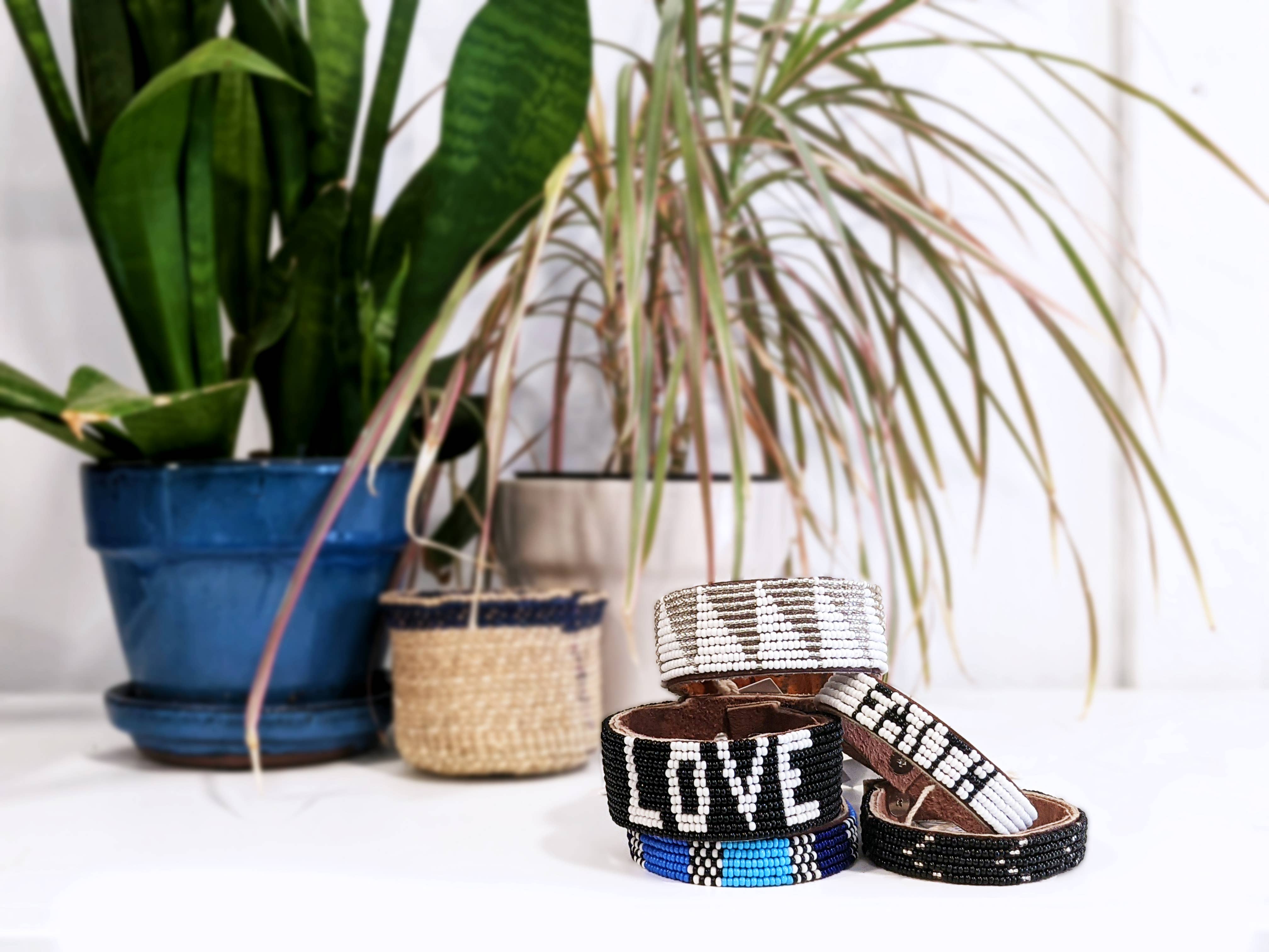 Swahili Coast - Wholesale Bangle Bracelet - Medium Love Beaded Leather Cuff - White - Affirmations1