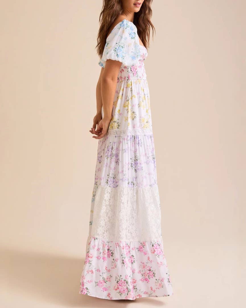 Color Sweet Puff Sleeve Floral Print Lace Splicing Swing Dress for wholesale on Faire2