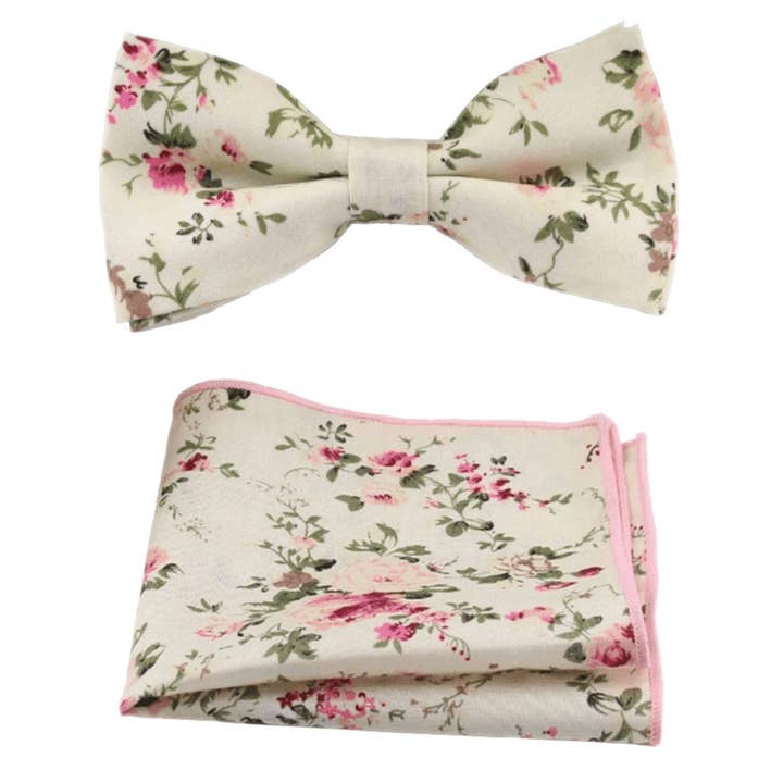 Olivia Crème Bloemenstrik en Pochet Set voor wholesale door Dickie Bow