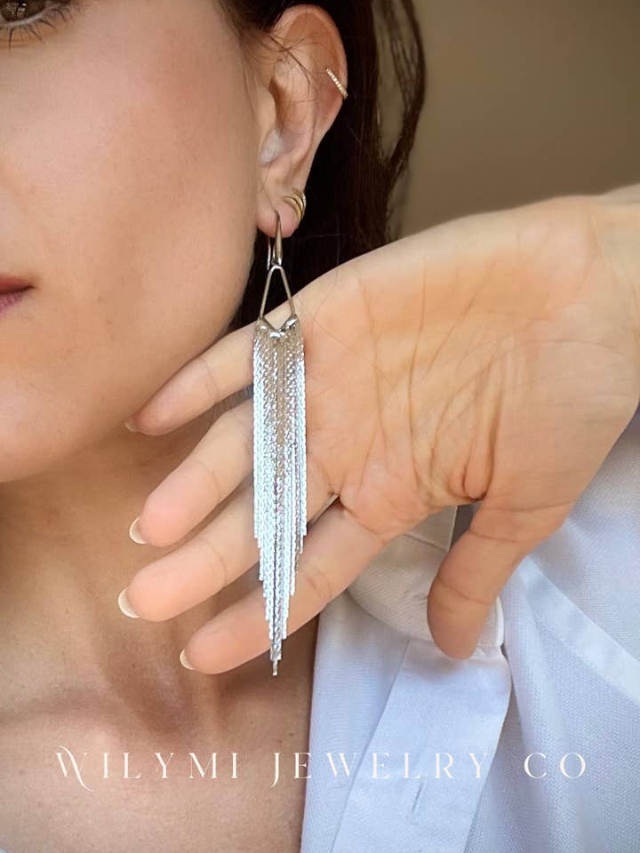 Silver Plated Fringe Earrings | 5" Tassels | Lightweight for wholesale by WILYMI Jewelry Co