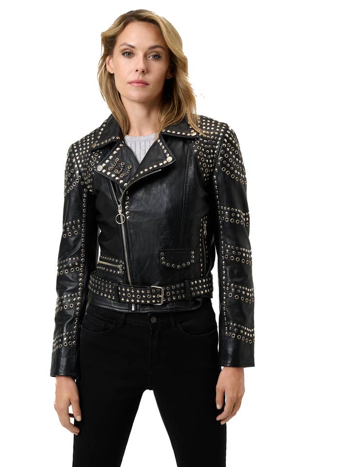 Zwart Dames leren jas Selina met studs - lamsnappa leer voor groothandel op Faire