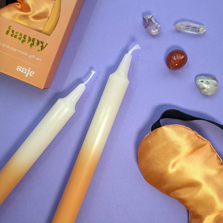 Robert Frederick Ltd - Wholesale Meditation Supplies - Saje Happy Candle, Crystal & Eye Mask Set - Includes Two Candles And Four Crystal Stones
