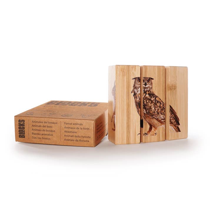 Blocs animaux de la forêt - Mini puzzle en bambou de 3 blocs pour la vente par Nowordbooks