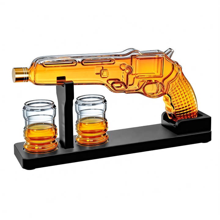 The Wine Savant / Khen Glassware - Wholesale Decanter - Pistol Gun Decanter Set + 2 Bullet shot Glasses & Wood Stand1