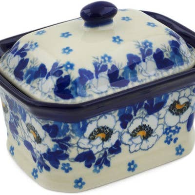 Boîte à Mini Gâteau 4", Boîte à Sel, Thème Printemps Bleu 4" pour la vente par Polmedia Polish Pottery