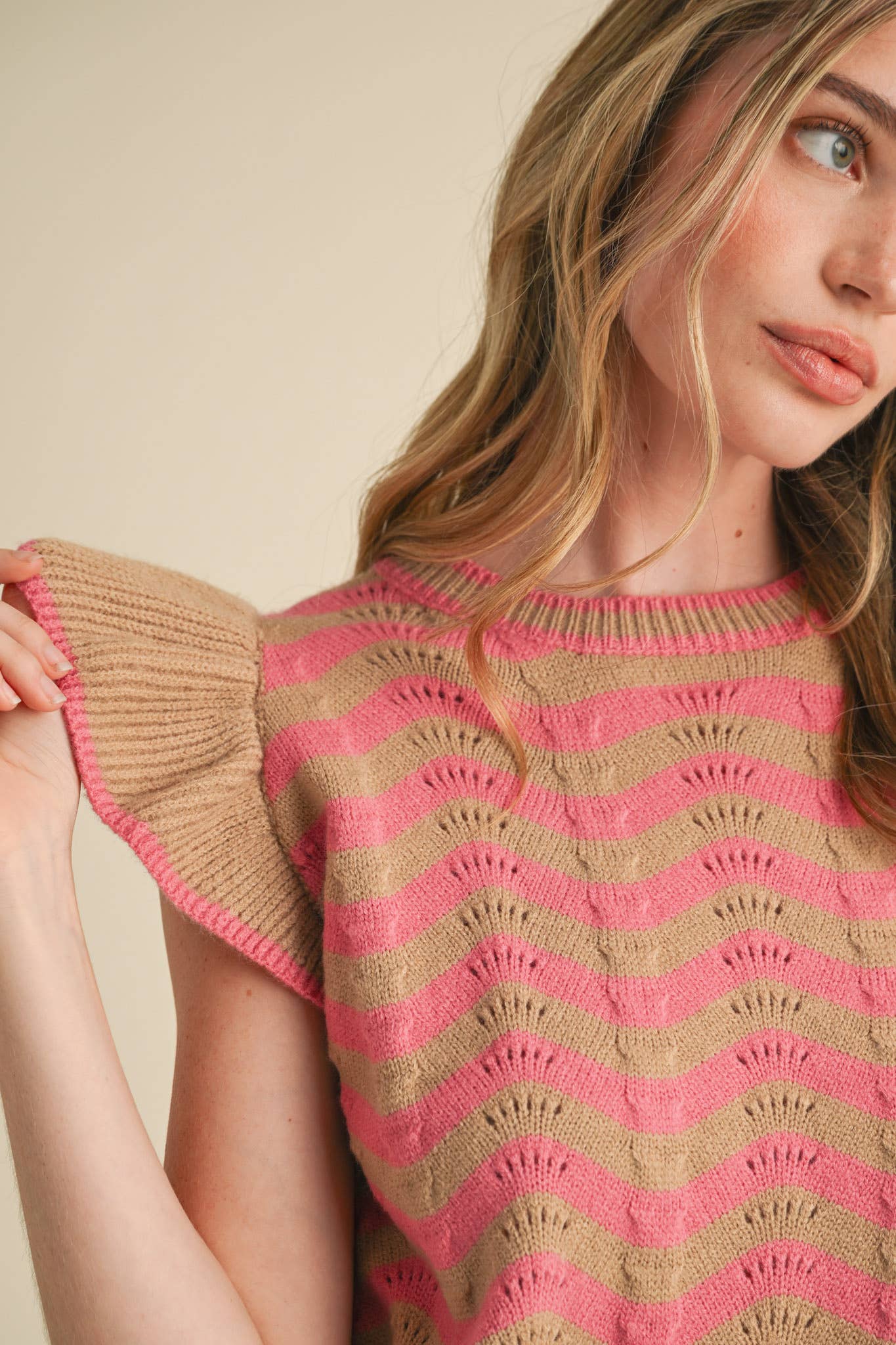 &MERCI - Wholesale Knit Sweater - Women's - WAVY STRIPES FLUTTER SLEEVE SWEATER TOP MSW1050962