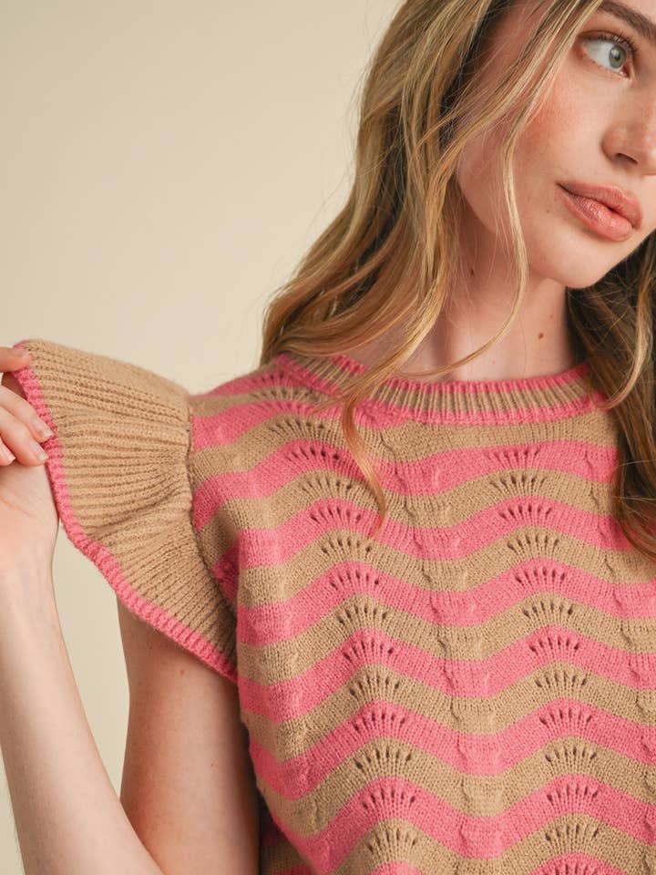 &MERCI - Wholesale Knit Sweater - Women's - WAVY STRIPES FLUTTER SLEEVE SWEATER TOP MSW1050962