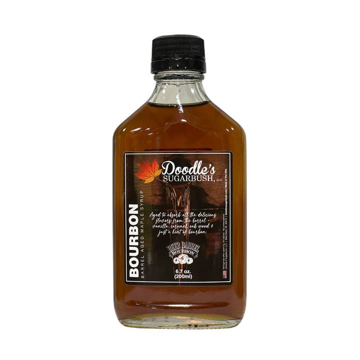 Bourbon Barrel Aged Maple Syrup - 200ml glass flask for wholesale by Doodle's Sugarbush, LLC - Pure Michigan Maple Syrup