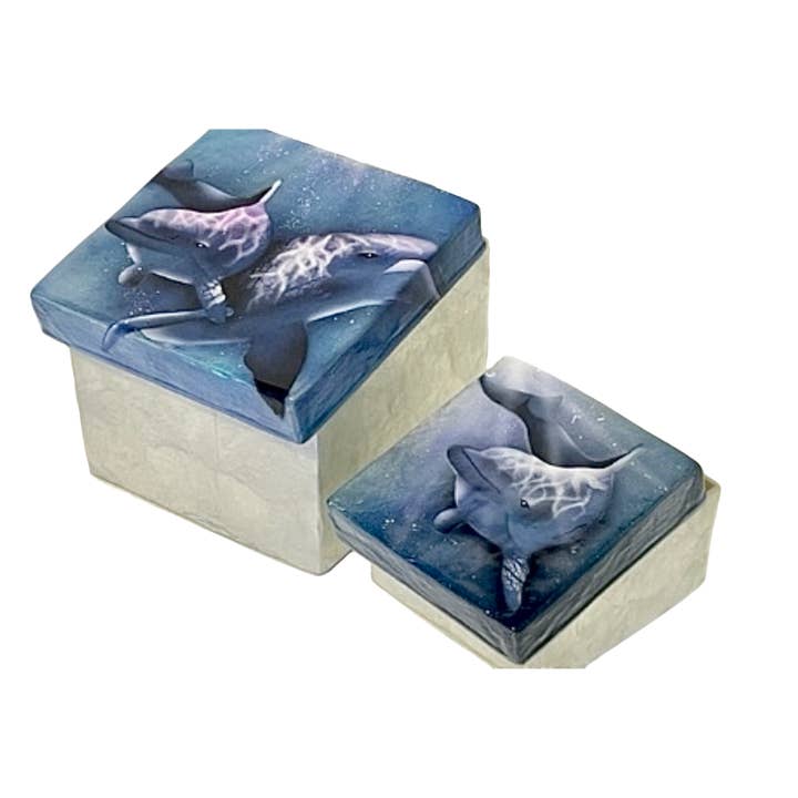 Bamboo Source Tropical Decor - Wholesale Decorative Box - Capiz Shell Inlaid Dolphin Box Set of 2