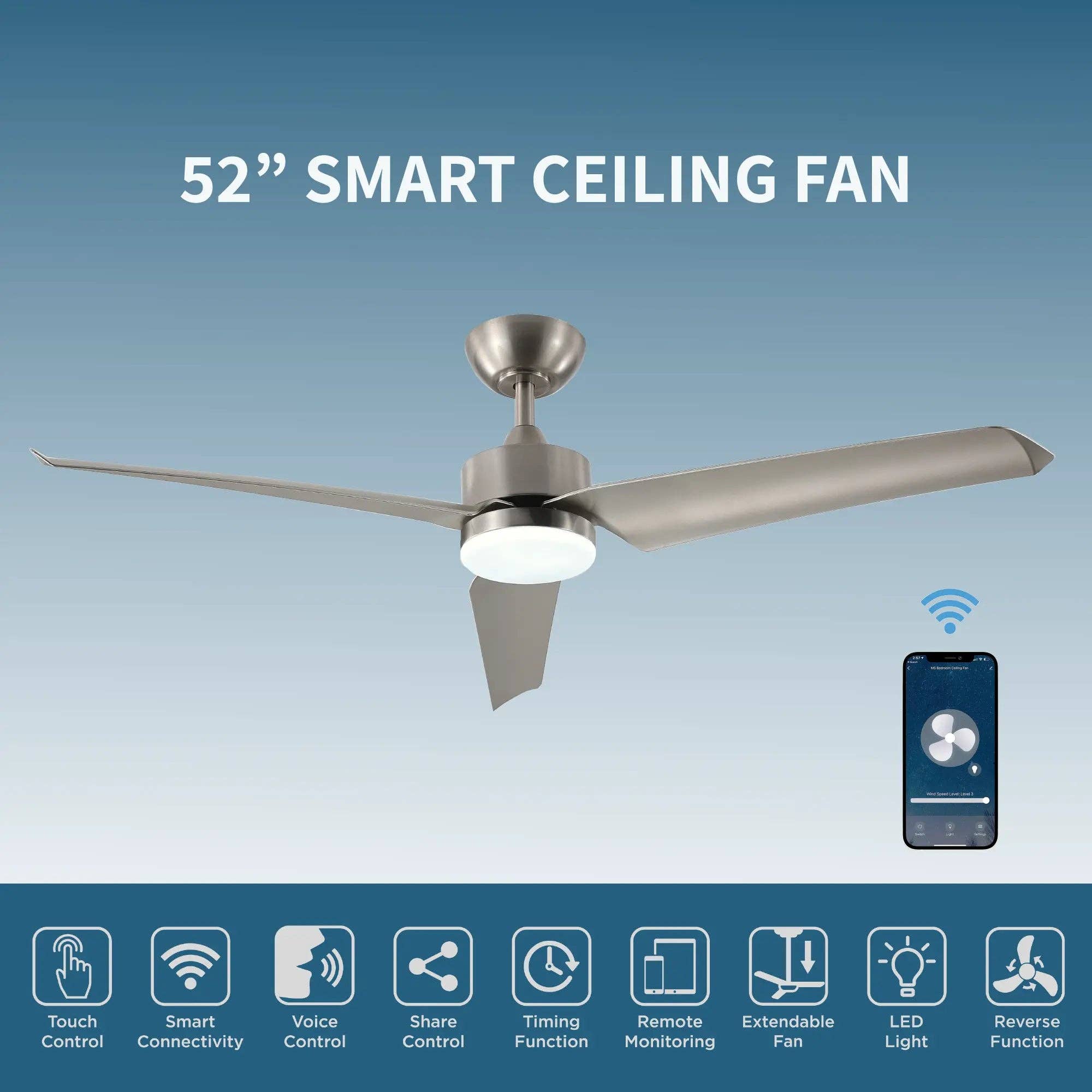 Promounts - Wholesale Ceiling Fan - ProMounts 52 in. WiFi 3-Blade Smart Ceiling Fan with Reversible Motor, 6 Speeds and 3 Color Temperatures, App Control, Satin Nickel1