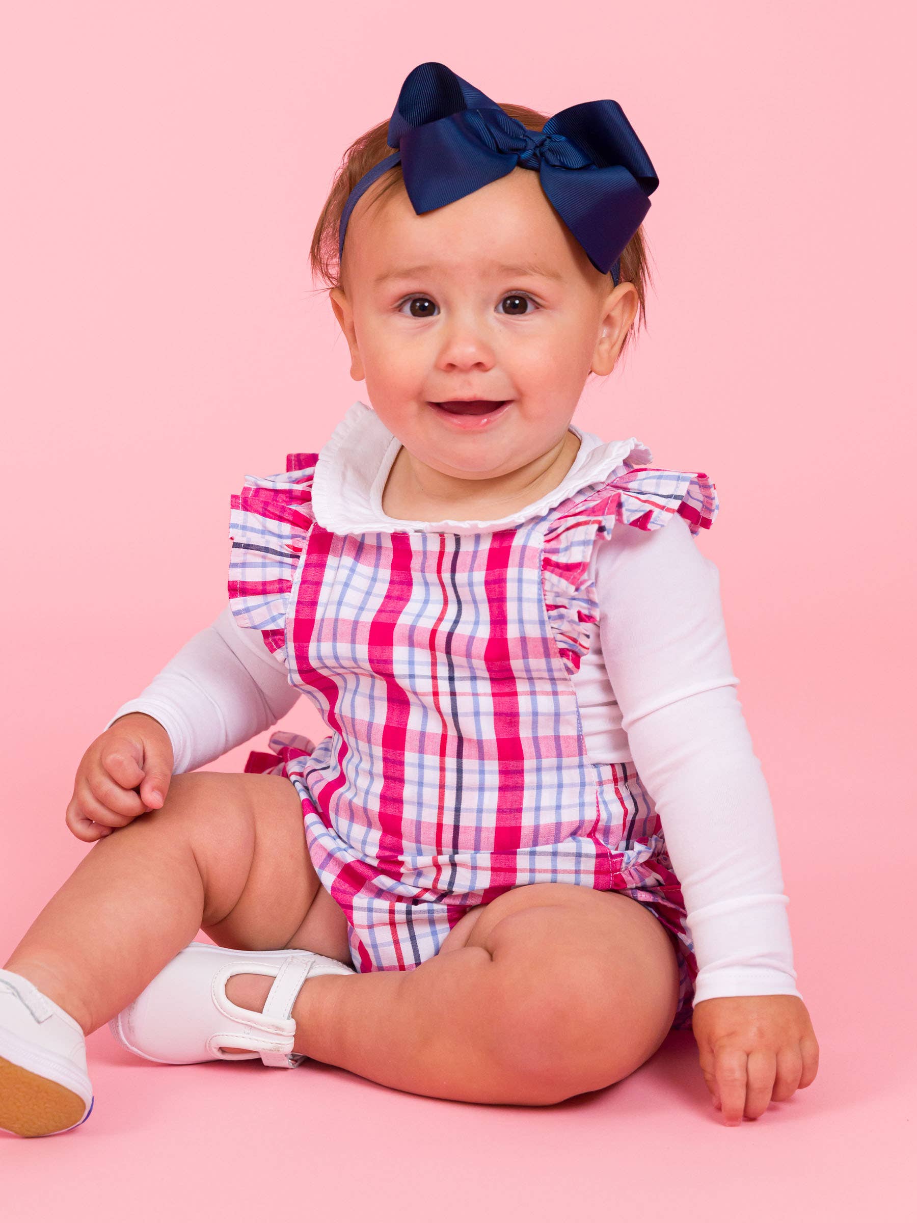 Multi Color Baby Girls Adley Plaid Flutter Overall Romper for wholesale on Faire2