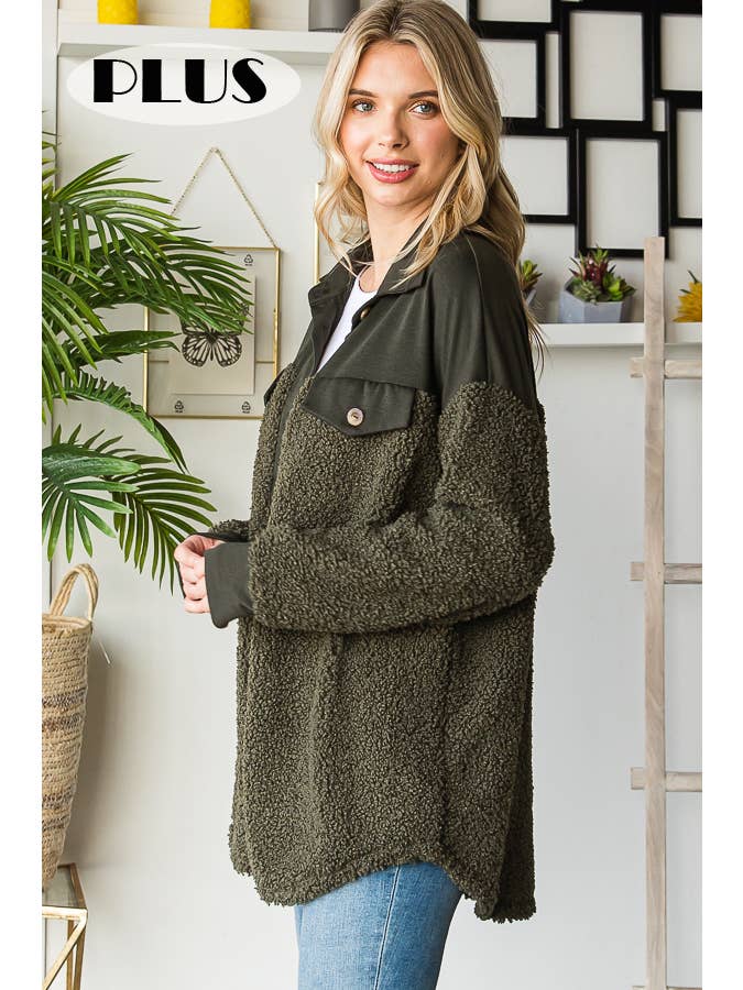 7th Ray - Wholesale Shirt Jacket/Shacket - Women's - Cozy Faux Fur Button Down Pocket Teddy Shacket T4958XL