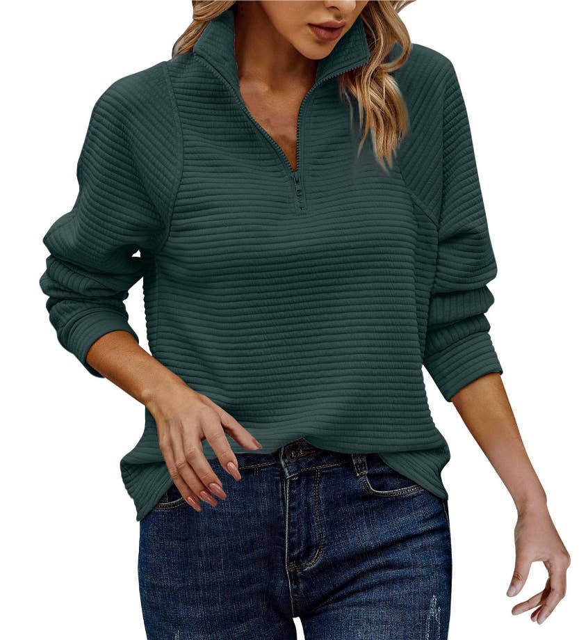 HIDDENBRAND - Wholesale Sweatshirt - Women's - Solid loose texture zip neck sweatshirt11