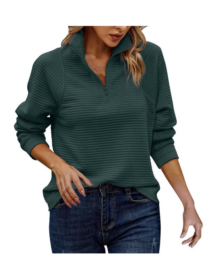 HIDDENBRAND - Wholesale Sweatshirt - Women's - Solid loose texture zip neck sweatshirt11