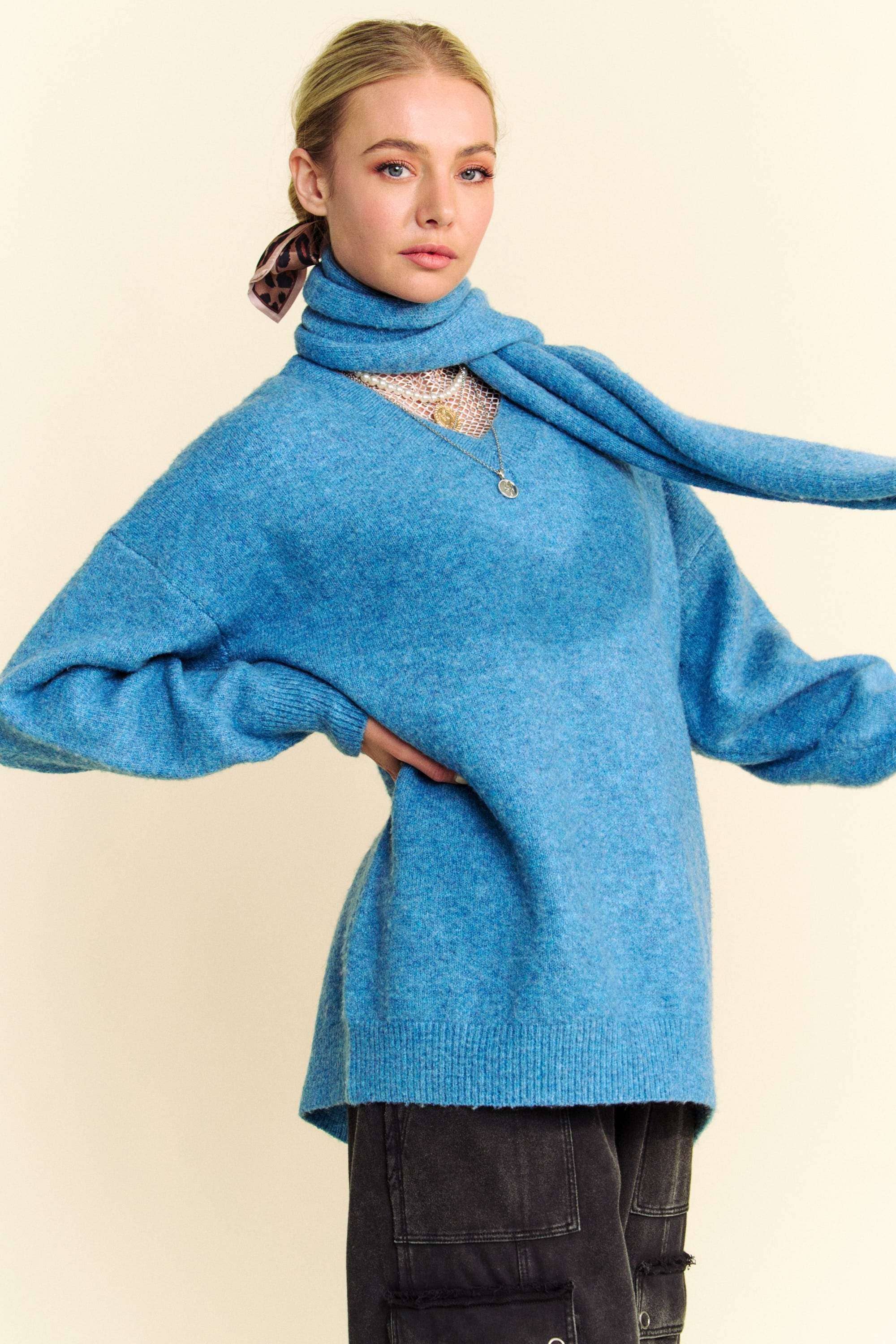 Davi & Dani - Vente Ensemble haut et pantalon (PAS d'intérieur) - Femme - ENSEMBLE PULL À MANCHES LONGUES ET COUPE AMPLE UNI AVEC ÉCHARPE1