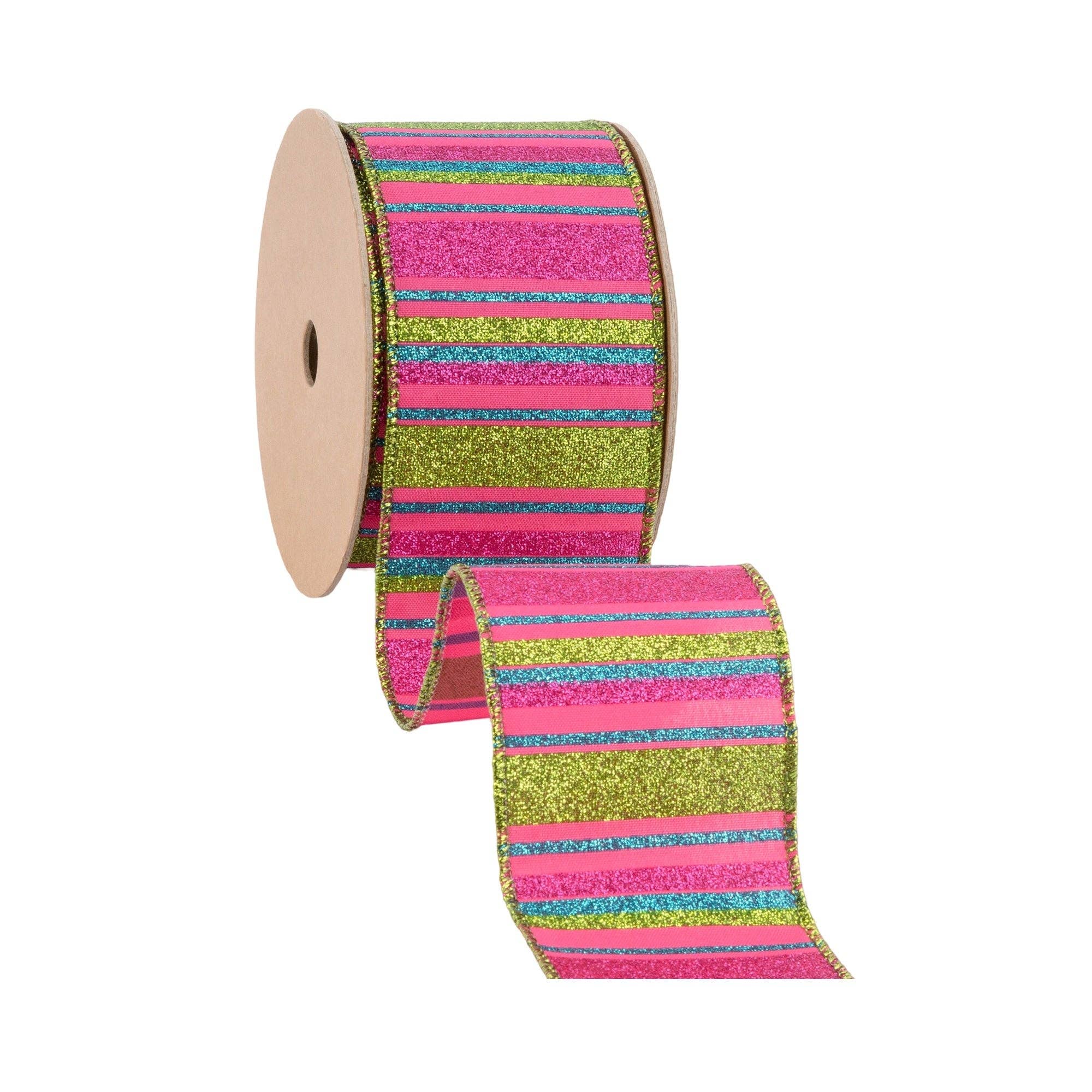 LA Ribbons Wholesale - Vente Ruban – emballage cadeau - Ruban câblé 2 1/2" | Rayures multicolores sur fond rose vif | Rouleau de 10 yards2