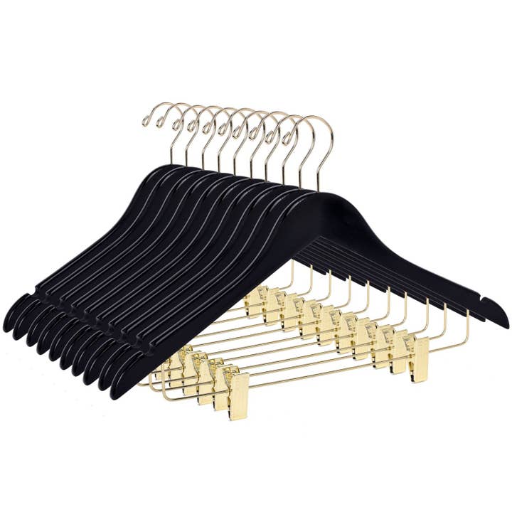 Quality Hangers - Wholesale Clothes Hangers - W072 Semi Curved Wooden Skirt Hangers - Black with Gold Hook