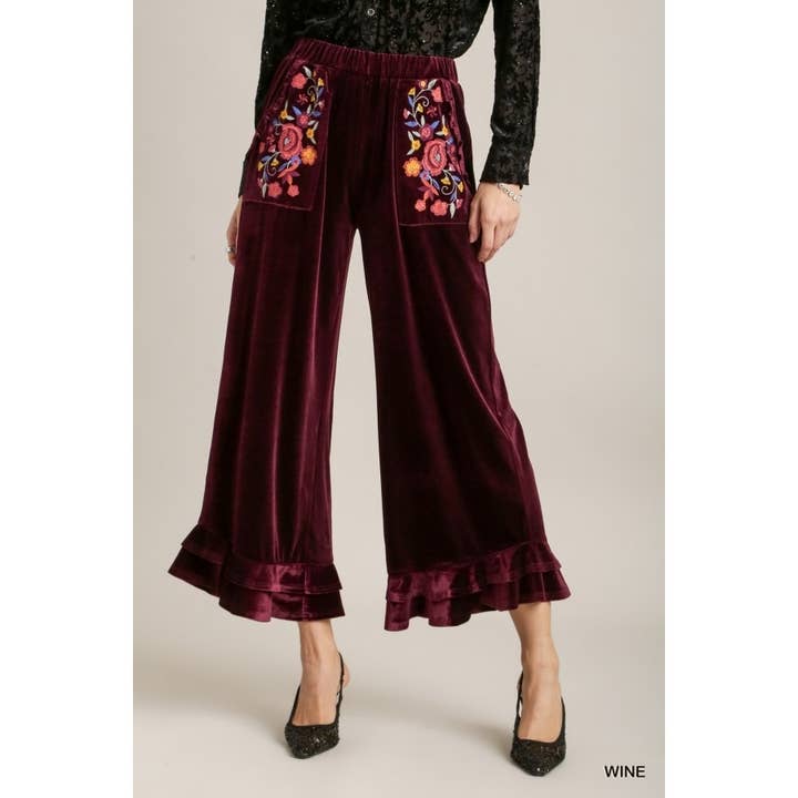 BNS - Wholesale Pants - Women's - Velvet Wide Leg Pants with Embroidered Pockets