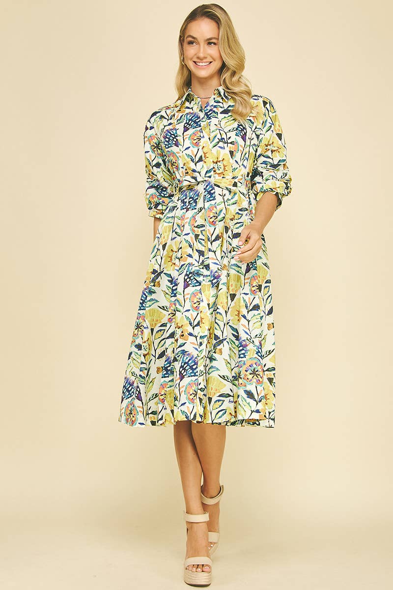 CREME MULTI VESTIDO MIDI COM BOTÕES FLORAIS - 6269DA para venda a revendedores na Faire1