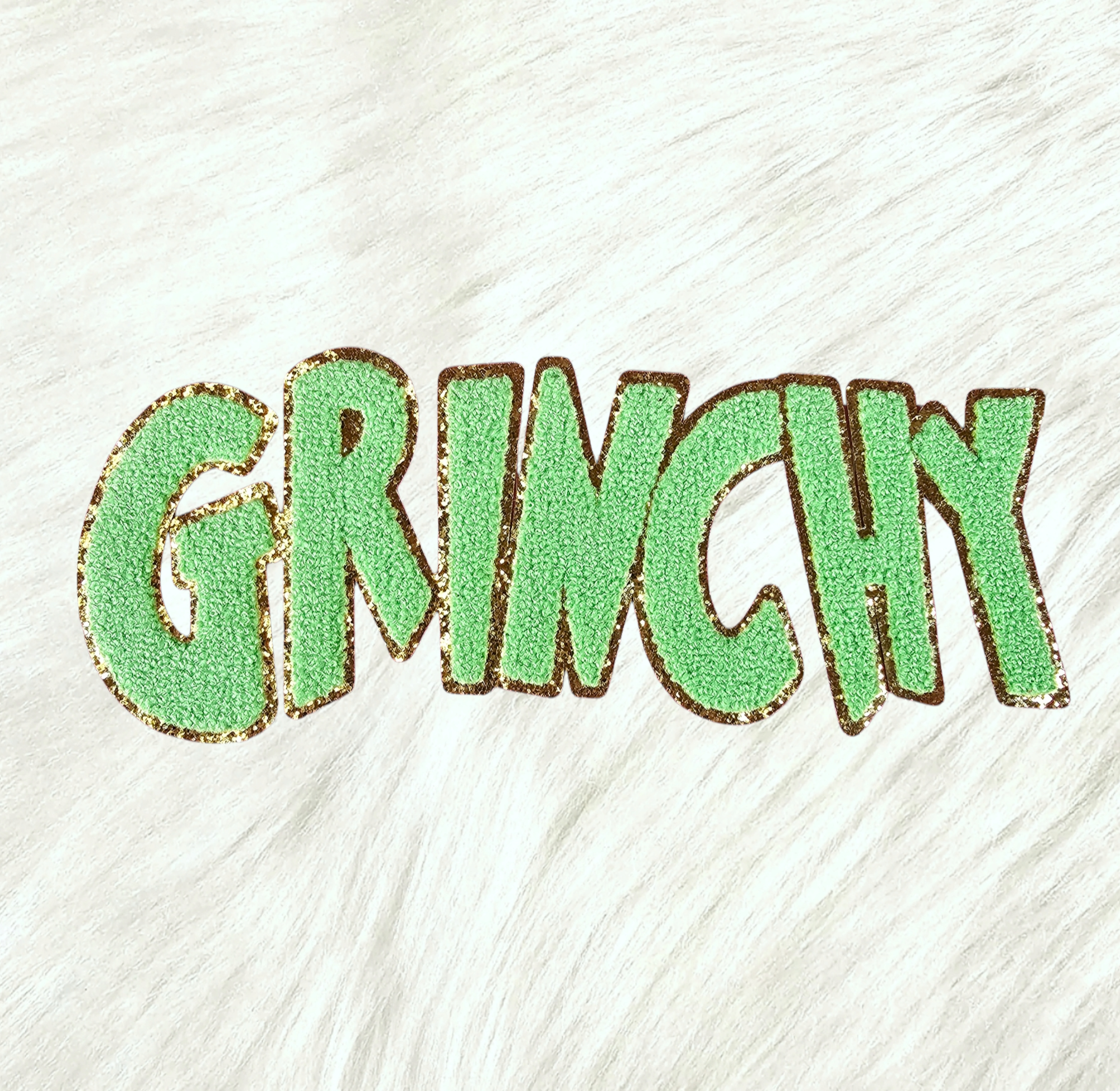 Scratch Decor - Wholesale Patch - Grinchy Word Chenille Gold Glitter Iron-on Patch0