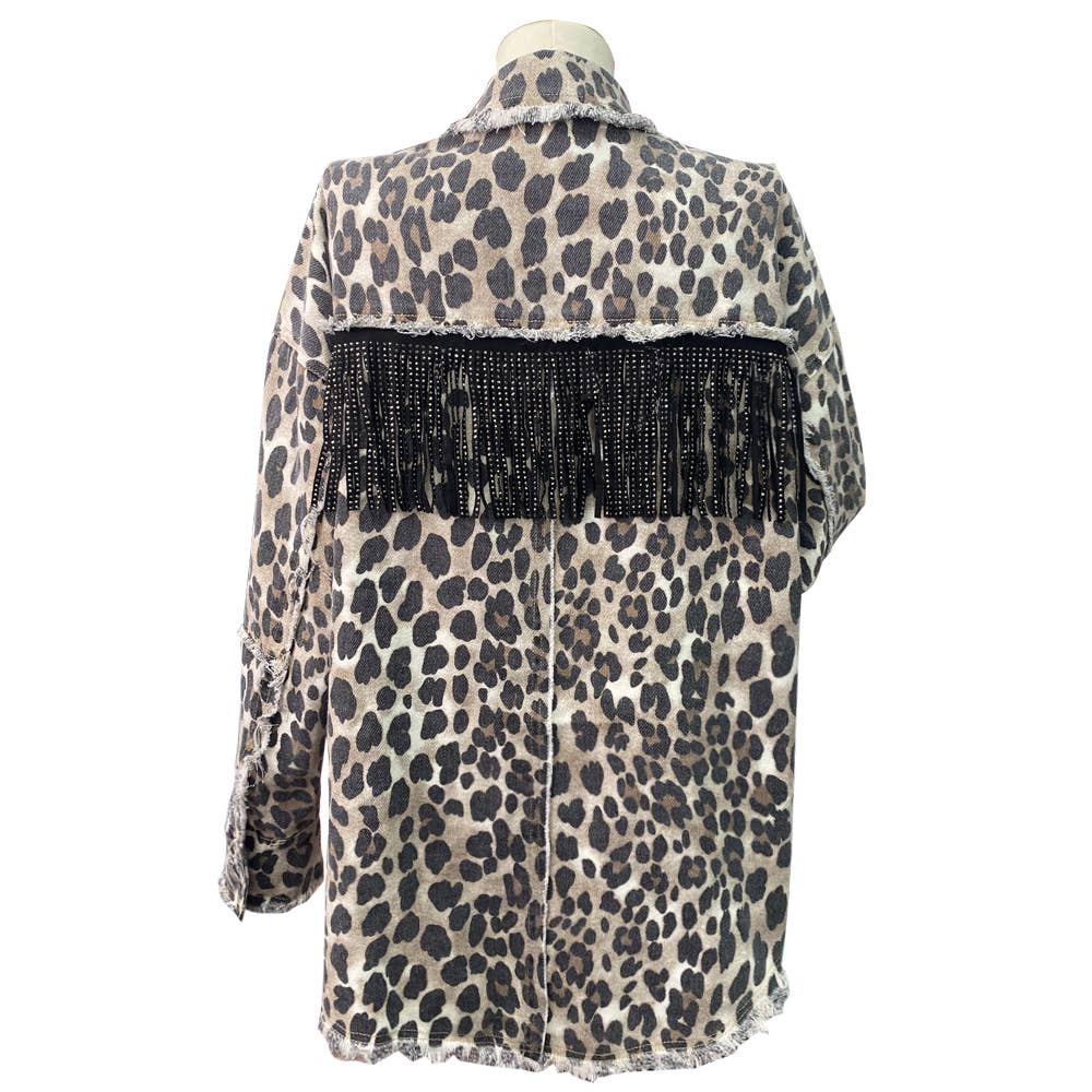 leopard fringed washed oversized denim jacket for wholesale on Faire6