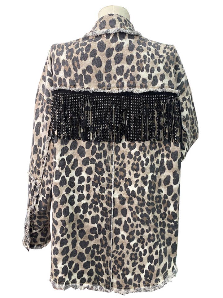 leopard fringed washed oversized denim jacket for wholesale on Faire6