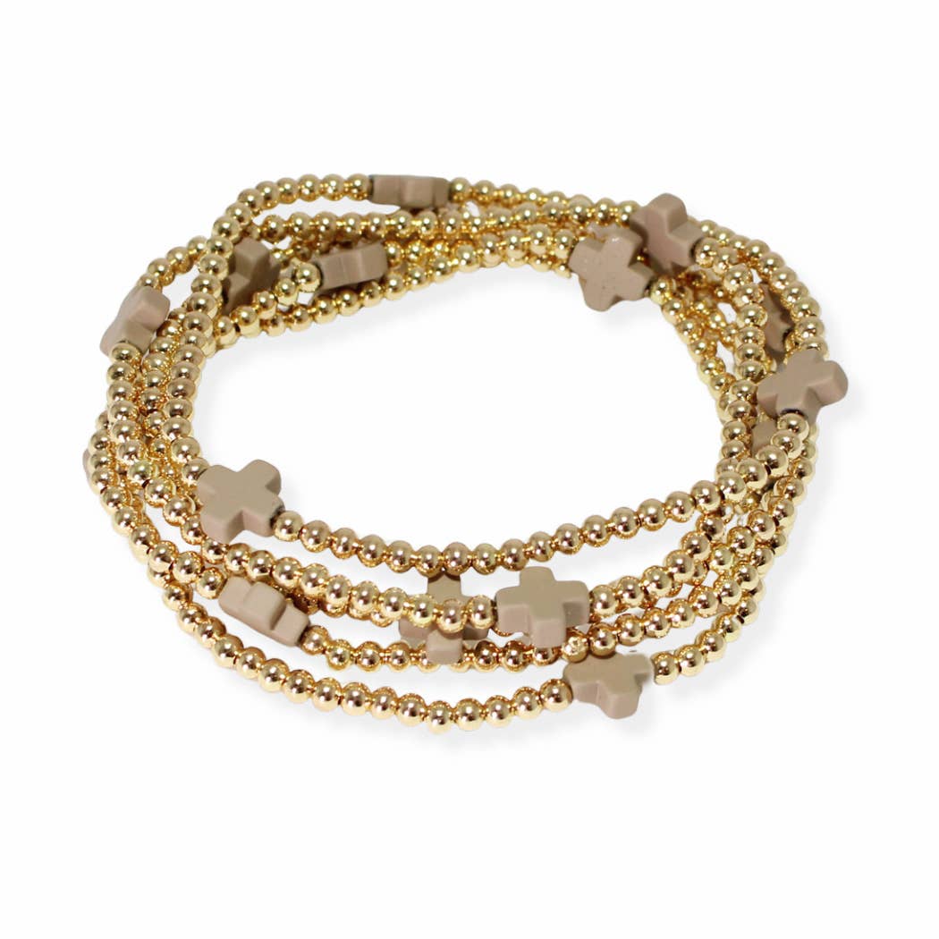 SOPHIA WHOLESALE - Wholesale Beaded Bracelet - Multi layered gold bead stretch bracelet with cross accent n11
