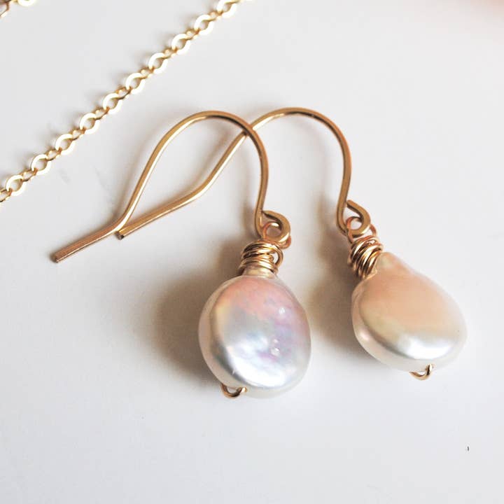 Freshwater Coin Pearl Earrings/ handmade unique drop womens for wholesale by Seaflowerjewelry