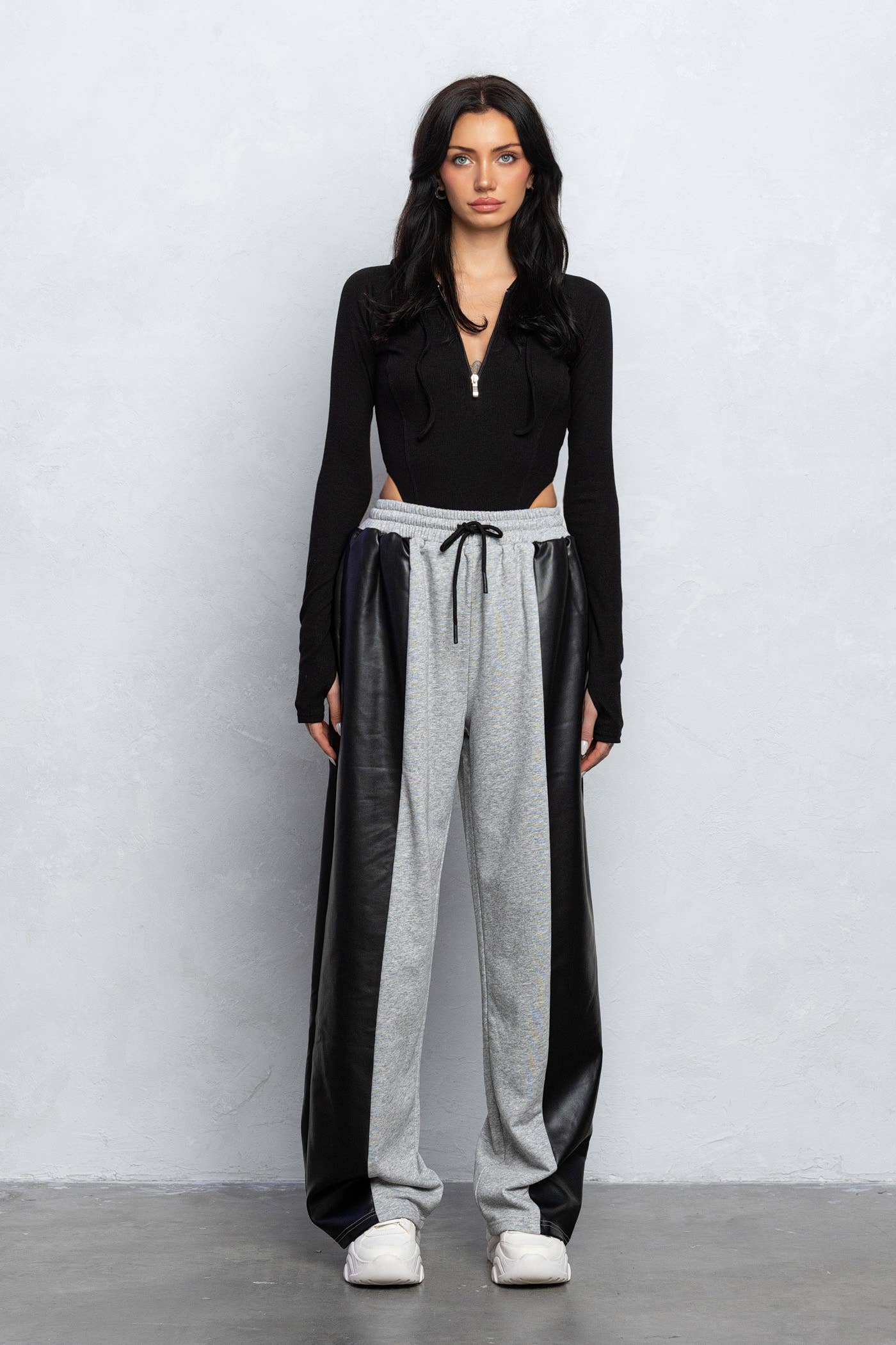 No Vacancy – wholesale Lounge Sweatpants/jogging bottoms – Women's – Half and half faux leather detail and sweatpants