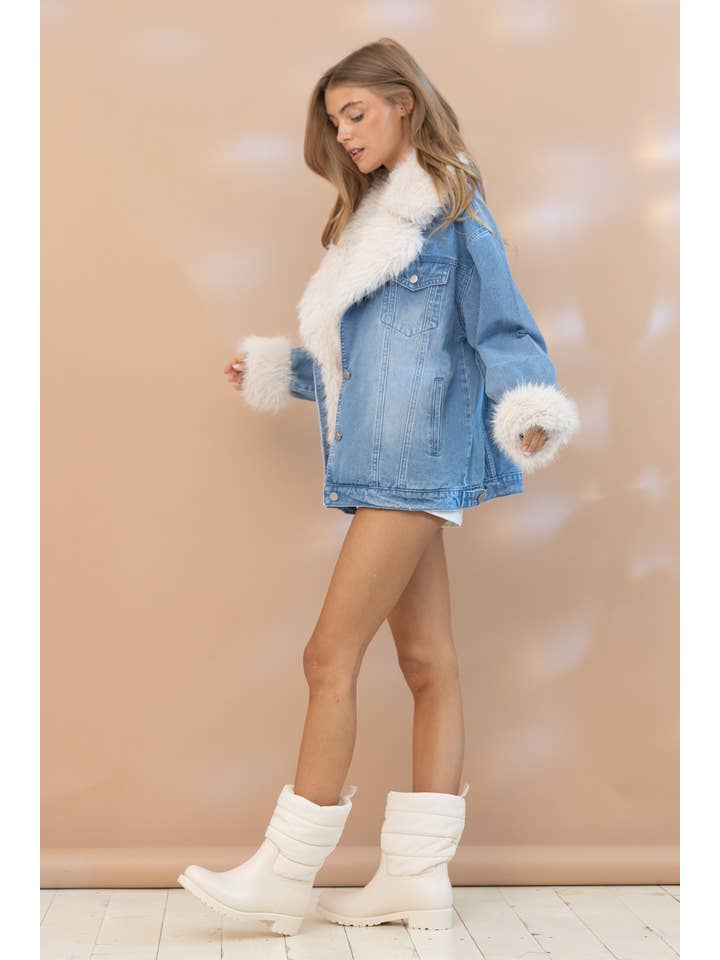 17576J - Fur Collard Cuff Over sized Washed Denim Jacket for wholesale on Faire5