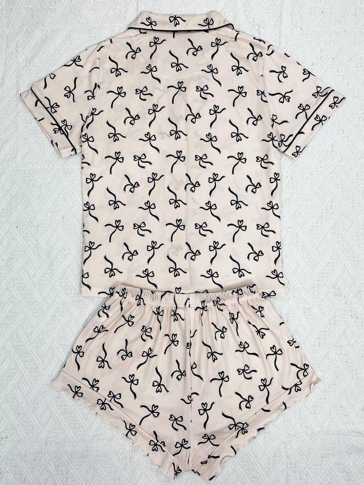 Begie Bow print pajamas 2 pcs t-shirt top & shorts set for wholesale on Faire4