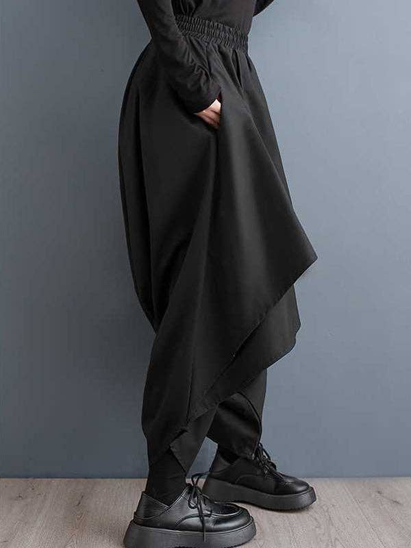 BLACK High Waisted Loose Asymmetric Elasticity Layered Solid Color Culotte for wholesale on Faire3