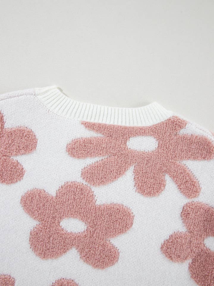 White Textured Flower Drop Shoulder Loose Sweater for wholesale on Faire4