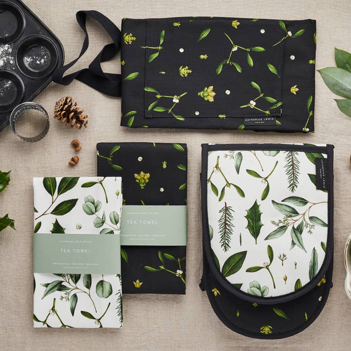 Catherine Lewis Design - Wholesale Tea towel - Mistletoe - Christmas Tea Towel - Black5