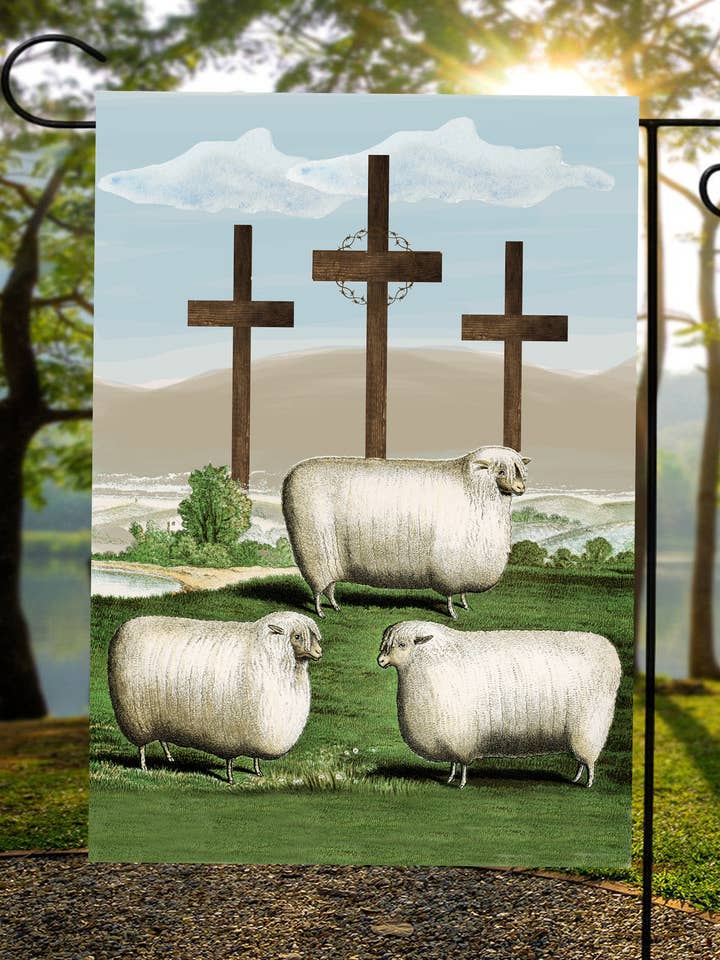 Får med tre kors Haveflag #G1641 for engroshandel hos Happy Cow Lawn Decor