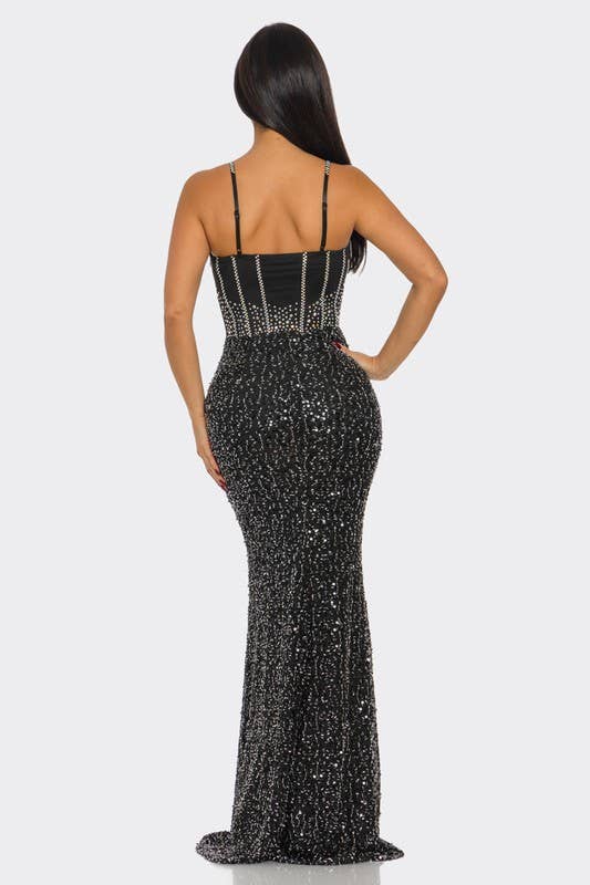 BANJUL – Großhandel Kleid – Damen – Paillettenbesetztes schmales Träger-Maxikleid10