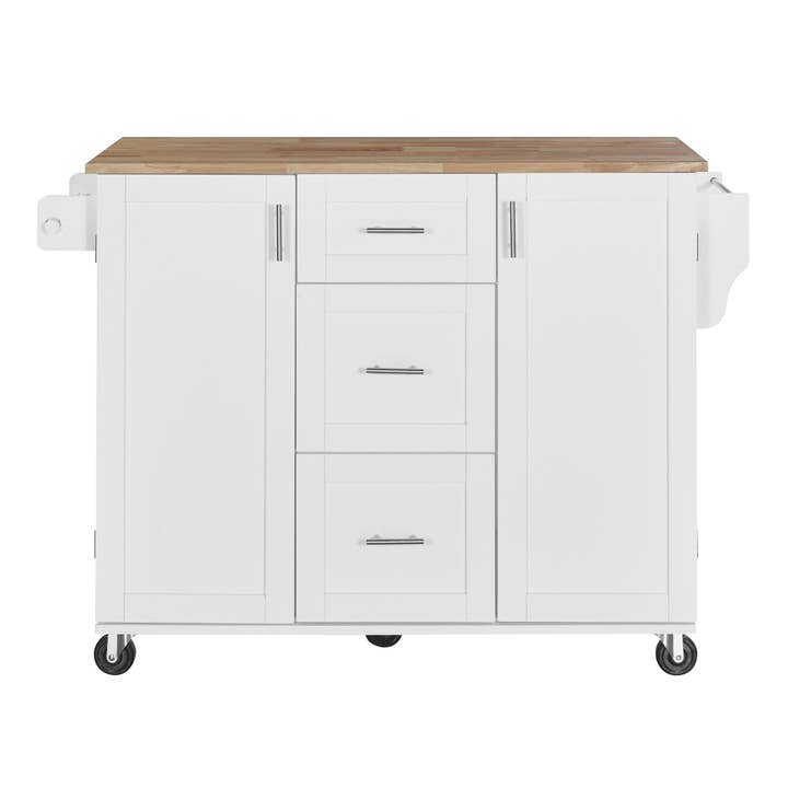 Orange County Decor - Wholesale Kitchen Storage/Organizer - K&K Rolling Kitchen Island With Storage, Kitchen Cart With Rubber Wood Top, 3 Drawer, 2 Slide Out Shelf And Internal Storage Rack, Kitchen Island On Wheels With Spice Rack & Tower Rack, White White9