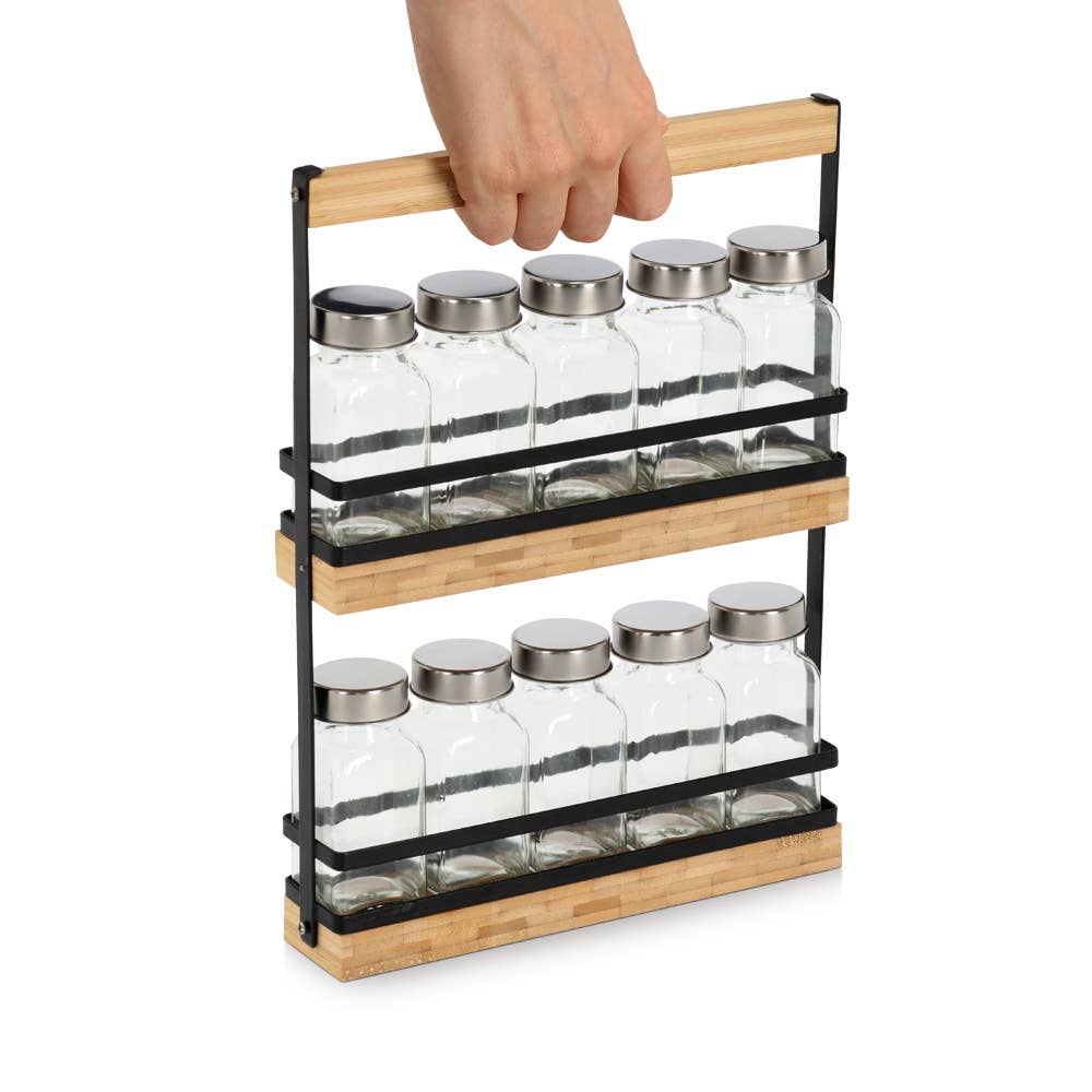 Light Brown Transparent Black Spice rack set, 11-piece, glass/metal/bamboo for wholesale on Faire1