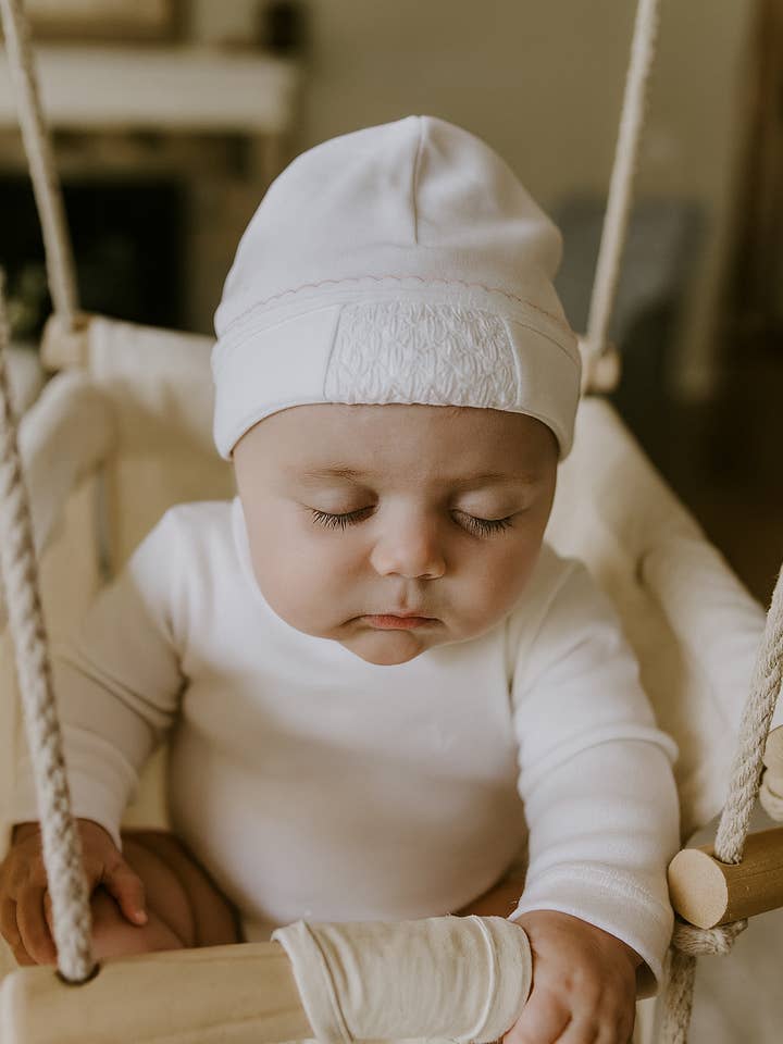 Baby Girl's Pink and White Full Smocked Hat for wholesale by Baby Threads