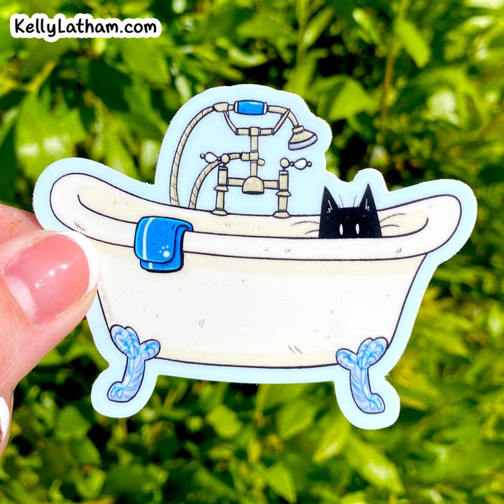 Black Cat in Tub Sticker – Animal Lover – Funny Illustrated for wholesale by Kelly Latham Art