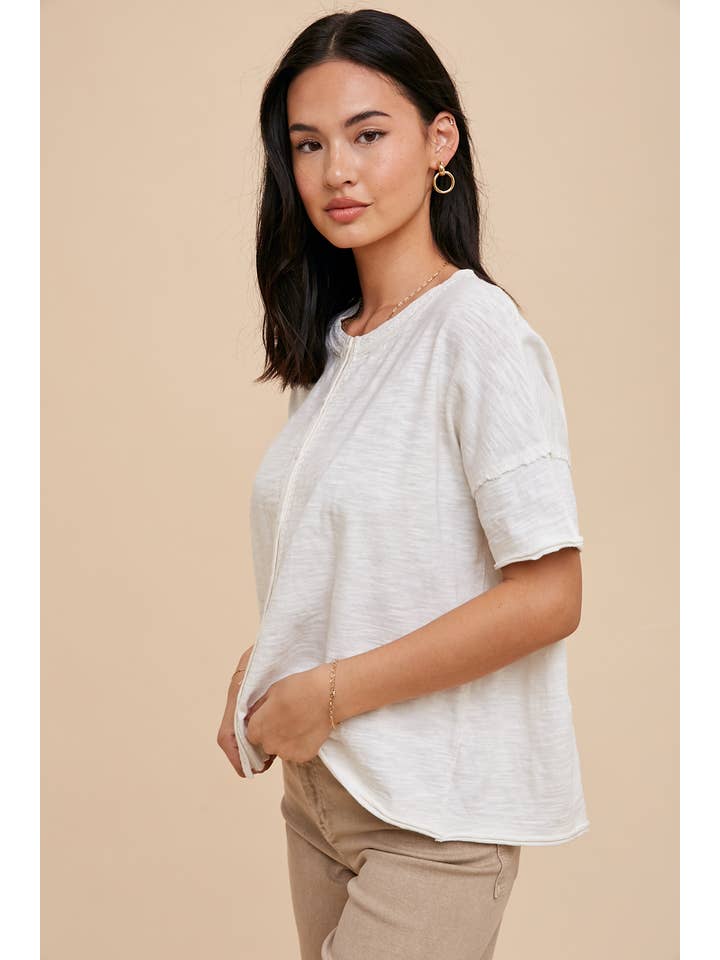 In Loom - Wholesale Button Down Shirt - Women's - GARMENT WASHED BUTTON FRONT LACE TRIM TOP