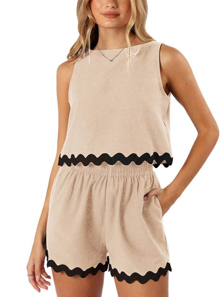 Wholesalesir - Wholesale Lounge Set - Women's - Linen Lace Edge Round Neck Vest Short Top Set