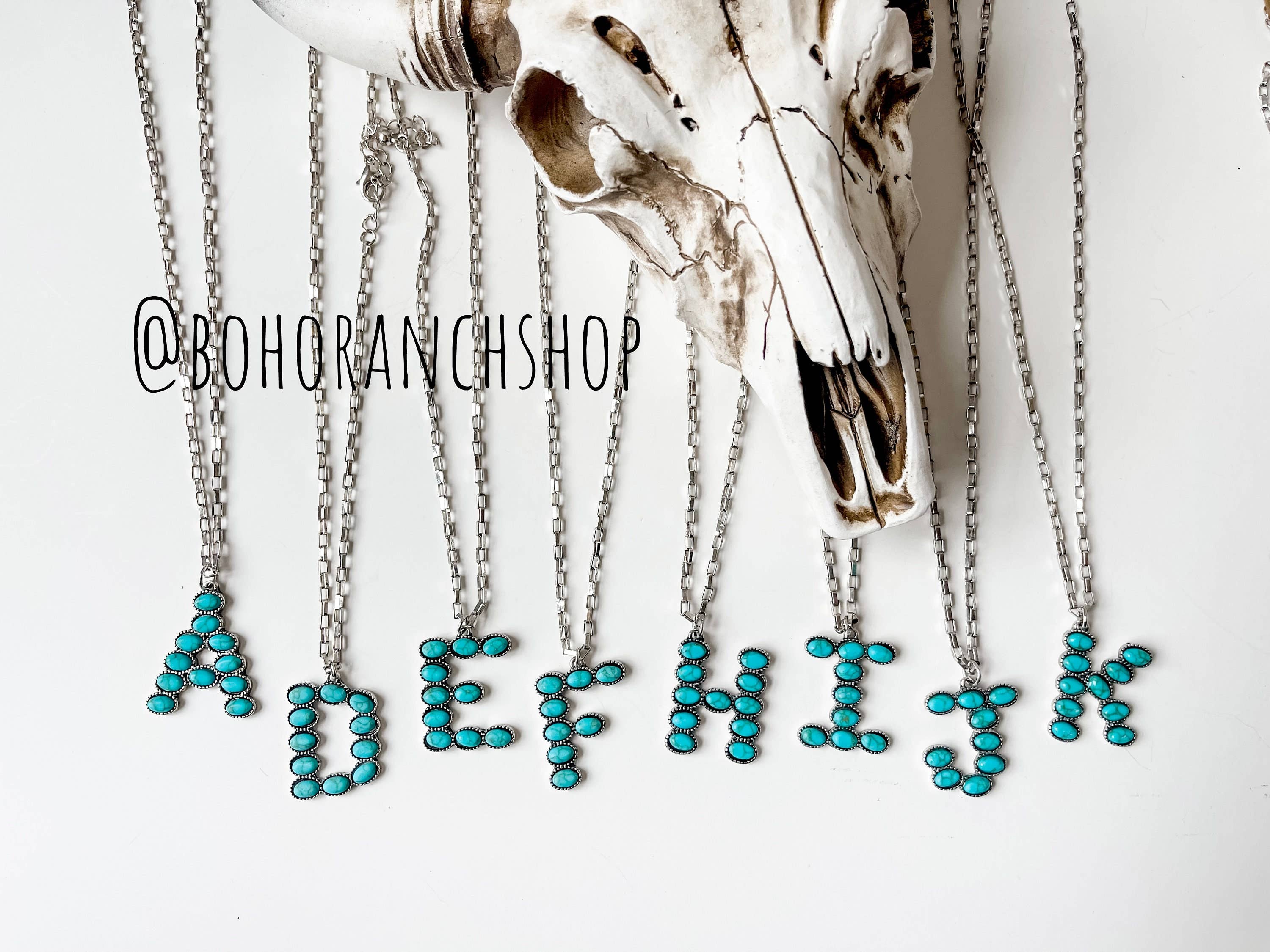 Boho Ranch Shop - Wholesale Pendant/Charm Necklace - Western Turquoise Oval Stone Initial Necklace0