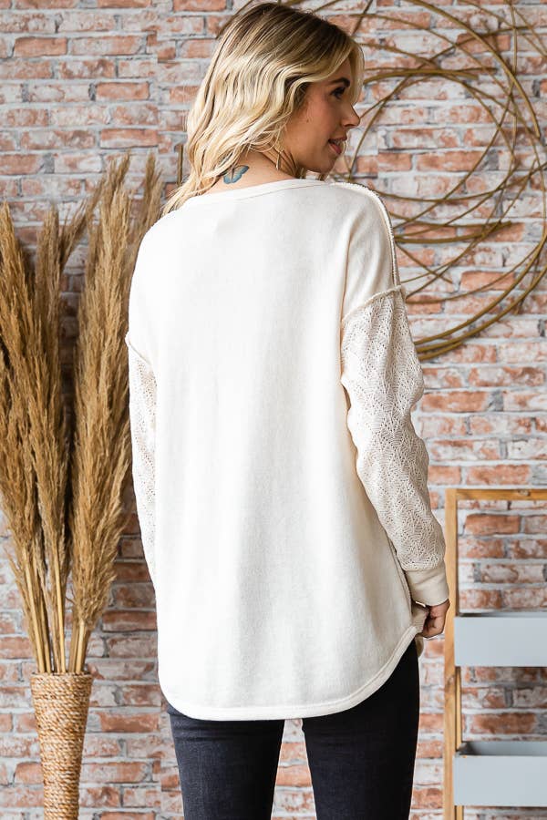 7th Ray - Vente Haut en maille – femme - Haut à manches longues en mélange de coton avec contraste en dentelle et boutons devant T525322