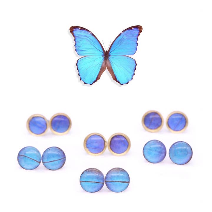 Blue Morpho Glass Studs for wholesale by Monarca Eco Friendly Jewelry