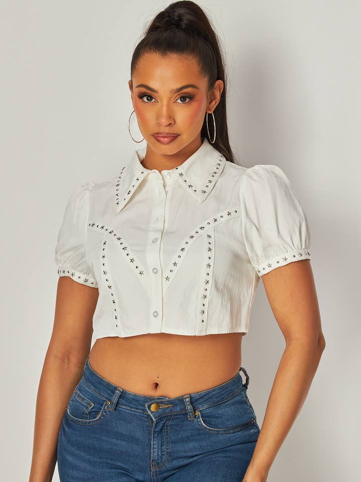 Raquel Puff Sleeve Stud Trim Crop Button Up Shirt (HDT31731) for wholesale by Hot & Delicious