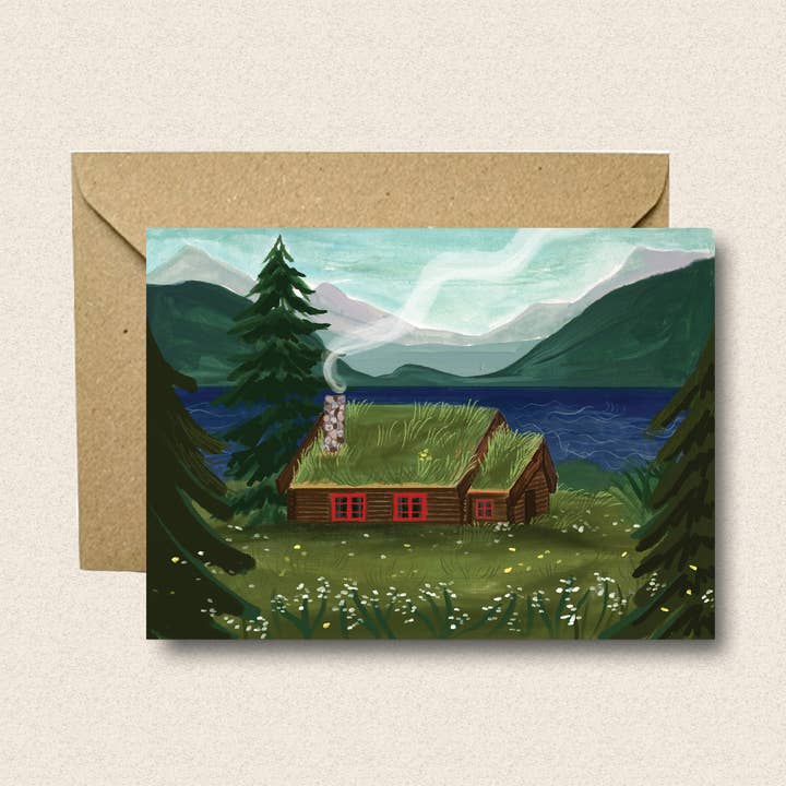 Norwegian Moss Cabin Card for wholesale by Charis Raine Illustration