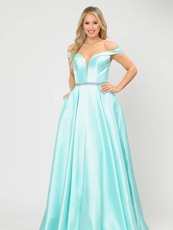 8686 Stun the room with this mikado fabric off the shoulder for wholesale by POLY USA